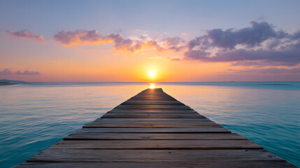 Obraz premium Wooden Pier Leading to a Mesmerizing Sunset Over the Ocean, Reflecting Serenity