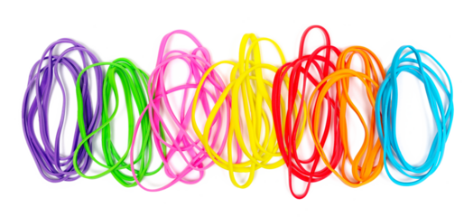 Colorful rubber bands isolated on white background, top view	