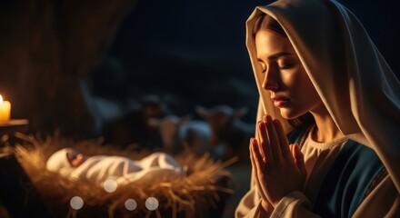 Obraz premium Christmas. The Virgin Mary praying beside a manger with baby jesus, sheep, and donkeys in a stable. Nativity scene for Christmas.