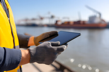Port Supervisor Inspecting Cargo Operations with Tablet for Logistics Management