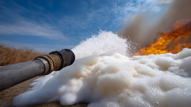 Extinguishing Fire Hose Sprays Foam to Suppress Flames with Smoke and Heat Rising