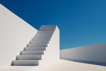 Minimalist white stairs against a vibrant blue sky creating a clean architectural design