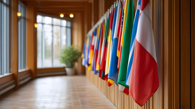 International Flags Displayed in Hallway United Nations Symbolism and Diversity - Powered by Adobe