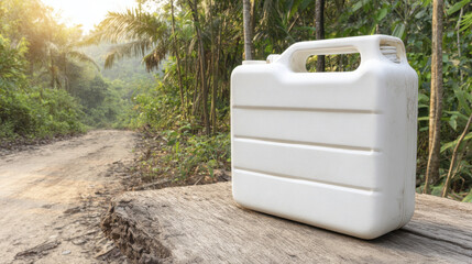 White plastic container sits on wooden surface in lush forest setting, symbolizing biofuel potential