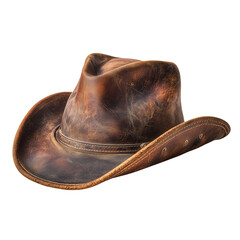 A weathered brown leather cowboy hat with a classic design isolated on transparent background
