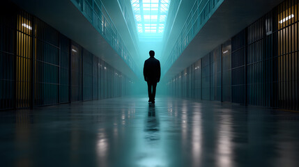 Fototapeta premium A Solitary Figure Walks Down a Prison Hallway, Bathed in an Eerie, Blue Light