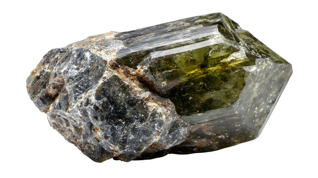 Raw Vesuvianite crystal, green-brown prismatic form, natural rough texture, isolated on Transparent background