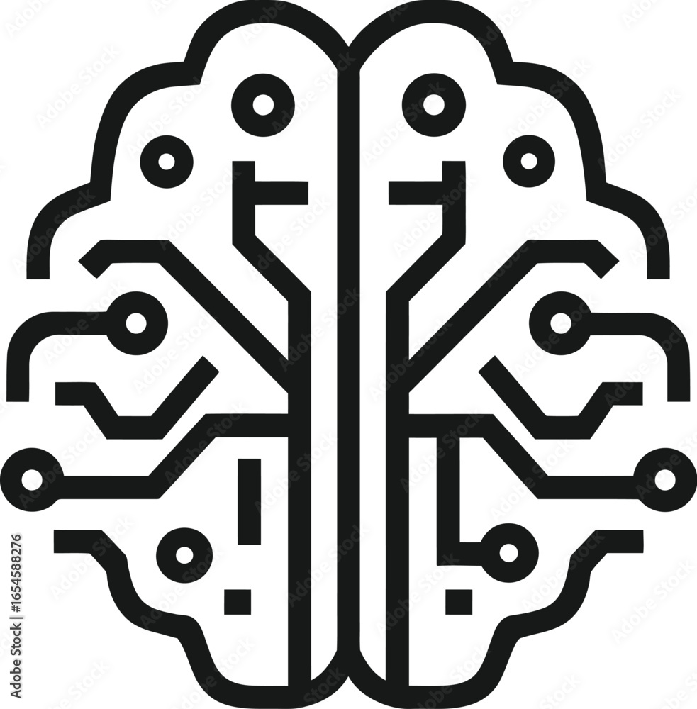 Poster stylized brain illustration with circuit board design in black and white color scheme showing intell