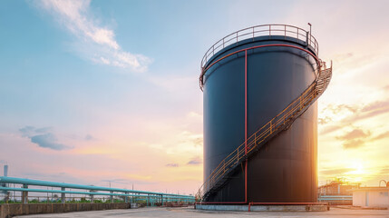 Obraz premium Large industrial storage tank stands against vibrant sunset sky, symbolizing potential of biofuel energy