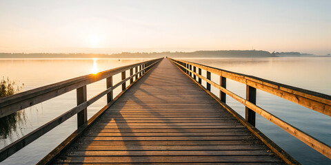 Obraz premium Long wooden pier with sunlit path engraved naturally with Good Morning greeting