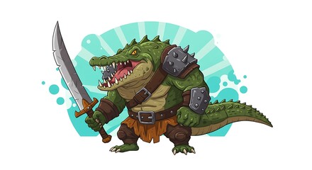 Fototapeta premium 3d cartoon illustration, a full body graffiti fantasy berserker crocodile in flat design style, evil and monstrous, under morning radiance with shimmering aqua tones