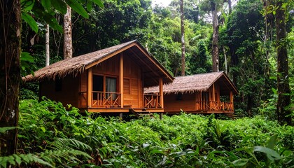 Wooden cabins nestled in a lush rainforest
