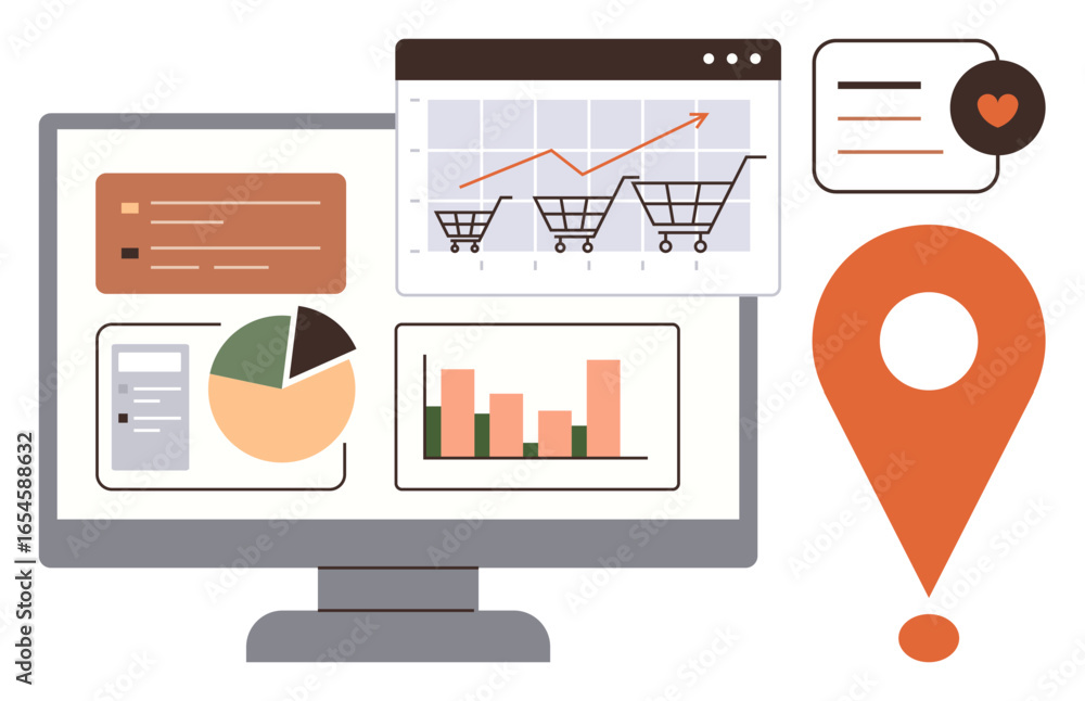 Poster monitor displaying analytics dashboards with shopping cart trends, charts, and graphs. orange locati