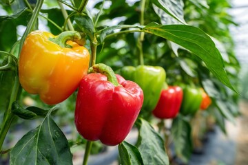 Close-up view of colorful bell peppers growing on a vertical garden trellis with detailed textures. This lively display showcases rich colors in a flourishing garden setting
