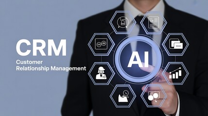 Man in suit points to A I C R M interface with business icons artificial intelligence