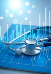 Stethoscope on a medical chart with a digital health data graph overlay