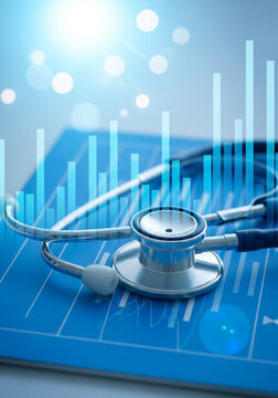 Stethoscope on a medical chart with a digital health data graph overlay