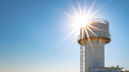 Tall white silo stands against clear blue sky with sun shining brightly behind it, symbolizing renewable energy and biofuel potential