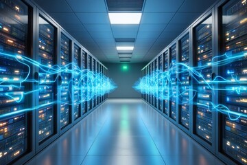 Data center server room with network connection and technology infrastructure concept