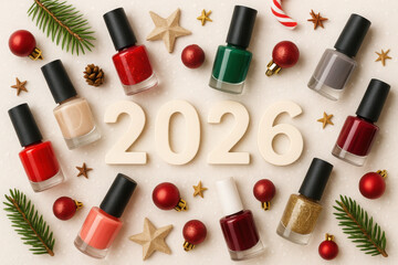 Obraz premium Festive 2026 nail polish arrangement with red and green holiday decorations