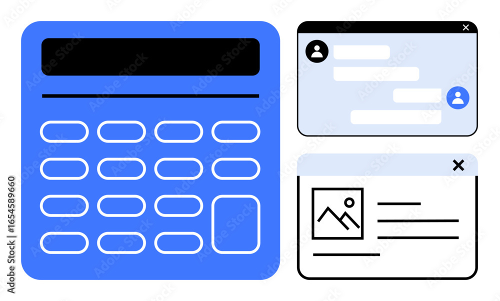Aufkleber calculator with buttons, chat window for messaging, and image card with placeholders. ideal for tech