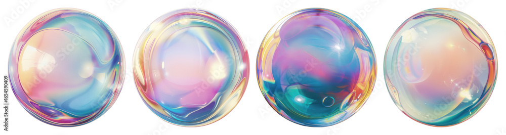 Poster png colorful iridescent soap bubbles floating, element set on transparent background