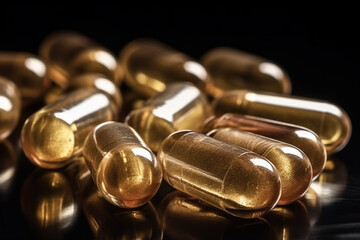 Naklejka premium Gel capsules gleam on a dark surface, reflecting light. Focus on health and wellness with these supplements for a balanced lifestyle.