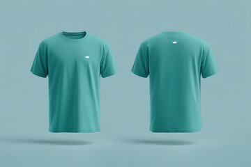 Teal t-shirt mockup on light blue background. Front and back view, with a crown design, simple casual wear, short sleeves, mock up, apparel.
