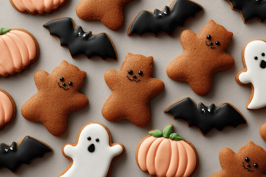 Festive Halloween cookies arranged on a light background. Pumpkin, bat, ghost, and teddy bear shaped cookies are visually appealing.