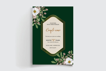 WEDDING INVITATION FRAME WITH FLOWER DECORATIONS AND FRESH LEAVES