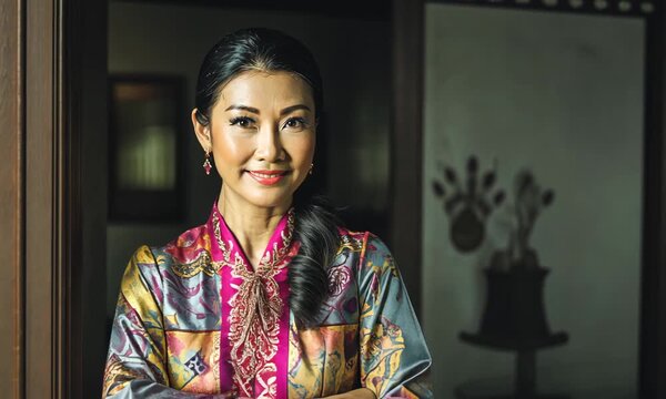 Confident Malaysian Woman Wearing Vibrant Baju Kebaya Embracing Cultural Elegance Indoors