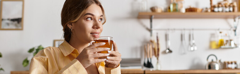 A young beautiful woman savors her tea while relaxing in a charming home kitchen atmosphere.