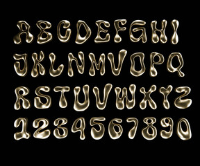 Bright Gold Liquid Alphabet Set on Black Background – 3D Glossy Metal Typography A to Z and Numbers
