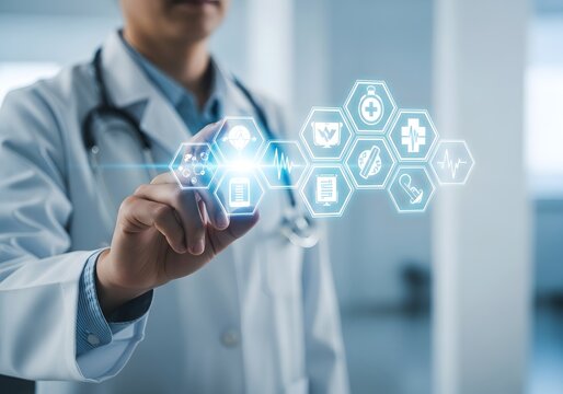 Doctor interacting with futuristic digital healthcare interface and medical icons