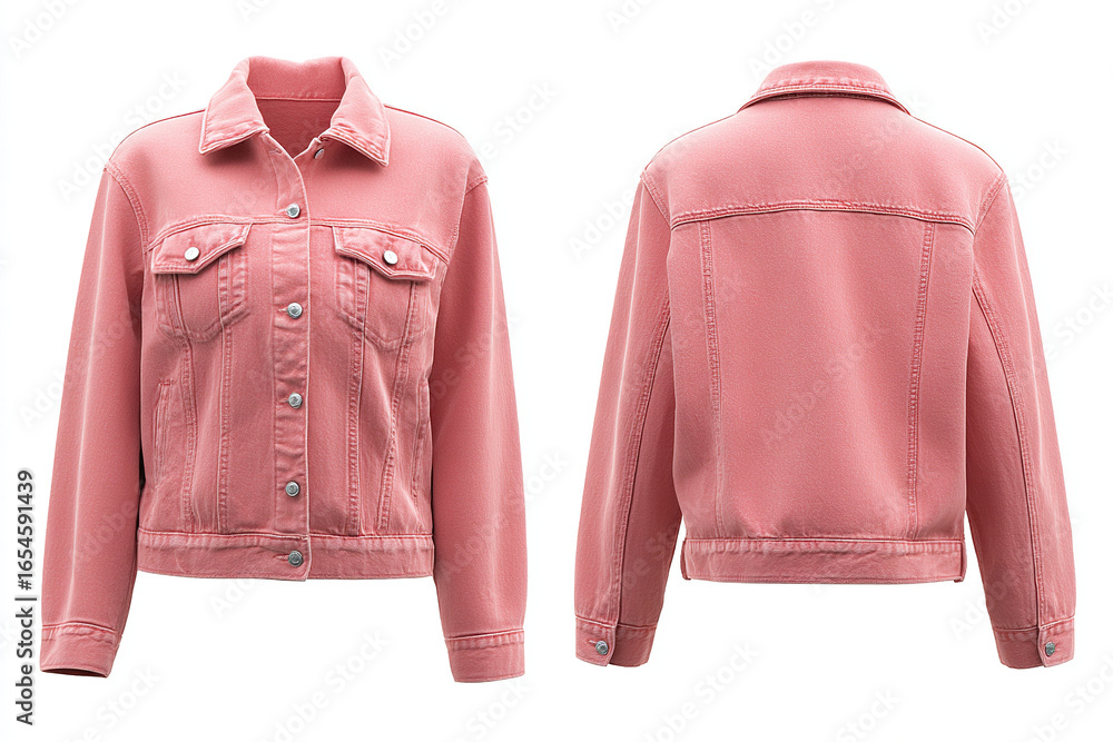 Poster a front and back view of a light red button up jacket with breast pockets and a collar on a white ba