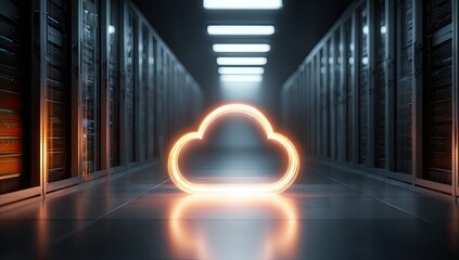 Glowing cloud icon in server room