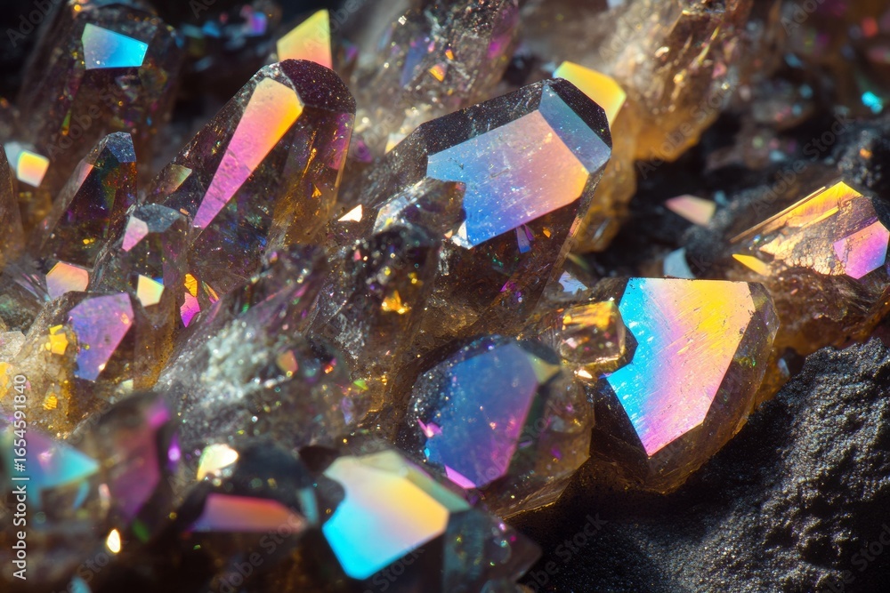 Poster close view of quartz crystals reveals a dazzling array of colors reflecting light, highlighting the 