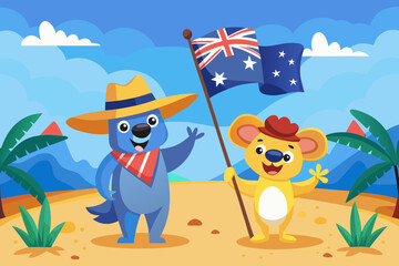 Cartoon koalas with australian flag on a beach with palm trees and blue sky illustration