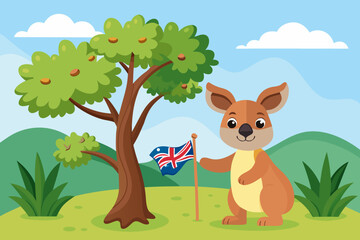 Cartoon kangaroo with australian flag standing near a tree in a beautiful landscape illustration