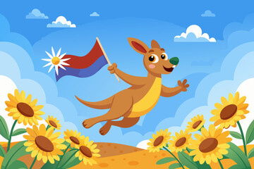 A cheerful kangaroo happily jumps through a field of sunflowers holding the australian aboriginal flag