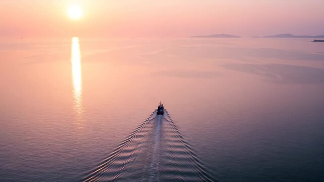 Cinematic Aerial Seascape in Soft Orange and Pink Tones Evoking Tranquil Morning Travel