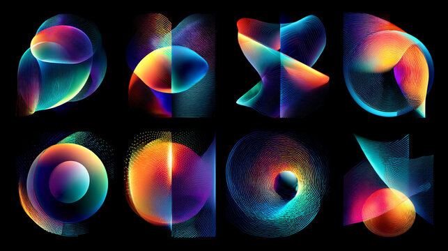 Transparent collage of neon lights with domes, arcs, and reflector effects. Abstract glowing composition ideal for futuristic designs, digital art, and creative overlays.