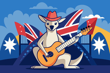 Cartoon kangaroo playing guitar with australian flags in the background in a colorful illustration