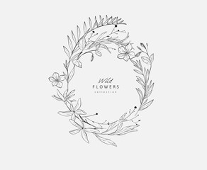 Background with detailed various flowers and foliage, intricate details and delicate forms. Hand drawn vector illustration with elegant botanical elements for invitation, save the date card