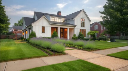 Obraz premium A white two-story home with black shutters sits in a manicured front yard,