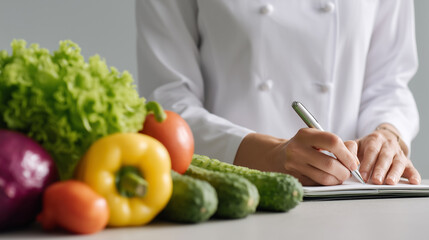 Nutritionist hands writing notes with fresh vegetables, healthy eating planning, diet consultation, wellness and lifestyle concept