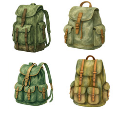 Watercolor illustration of four different vintage style green backpacks isolated on transparent background