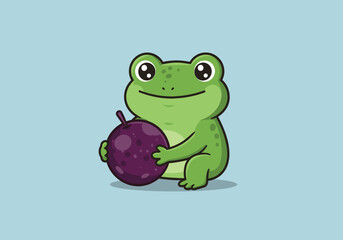 Cute frog holding a fruit – Illustration design, fun and adorable cartoon character