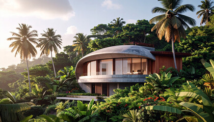 Fototapeta premium A modern, futuristic villa with a unique curved design in the middle of a lush tropical forest, surrounded by coconut trees and greenery, a calm and natural atmosphere at sunset