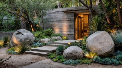 Obraz premium Modern wooden house entrance with open glass door, flanked by grey boulders and succulent plants,